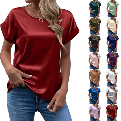 #ad #ad Women Satin Silk T Shirt Tee Short Sleeve Ladies Loose Casual Tunic Tops Blouse $16.09