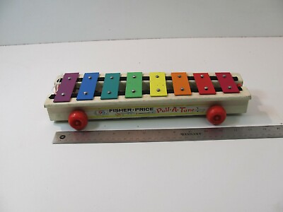 #ad Vintage 1964 Fisher Price Wooden PULL A TUNE Xylophone Pull Toy #870 $3.39