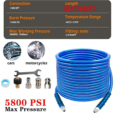 #ad 50 100FT Sewer Jetter Kit 1 4quot; M NPT 5800PSI Pressure Washer Drain Cleaner Hose $34.77