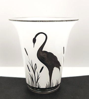 #ad Beaumont Ferlux Glass Vase Hand Painted Silver Crane Cattails 6quot; Clambroth $43.99