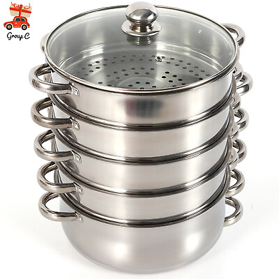 #ad 5 Tier Stainless Steel Steamer Cooker Steam Pot Kitchen Food Cooking Glass lid $42.75