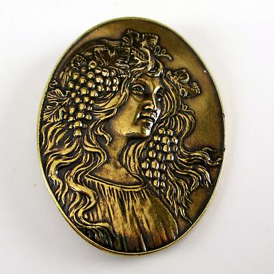 #ad Vintage ORIGINAL French Brass PIN Brooch STAMPING Art Nouveau LADY Woman GRAPES $16.00