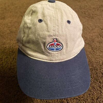 #ad Vintage Amoco Hat Trucker Cap Beige Blue Gasoline Oil 100% Cotton EUC $41.70