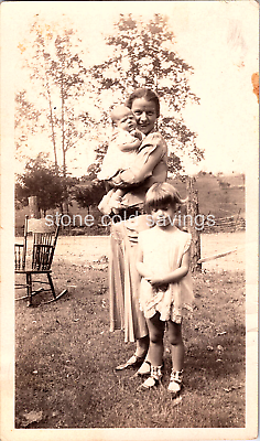 #ad Old Bamp;W Found Photo 1930s Mother Hugs Baby With Little Girl Beside Dirt Road $5.99