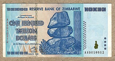 #ad Zimbabwe 100 Trillion Dollar EXTREMELY LOW Serial AA001..VF Money Inflation $399.00