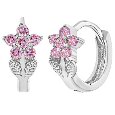 #ad Rhodium Plated Pink CZ Pretty Flower Hoop Earrings for Girls and Teens $8.99