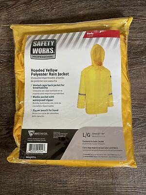 #ad Safety Works Professional Hooded Yellow Polyester Rain Jacket Large $15.00