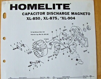 #ad Original Homelite Capacitor Discharge Magneto Illustrated Parts List XL 850 $6.99