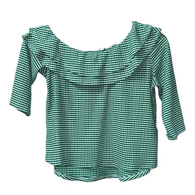 #ad Cato Women#x27;s Green Gingham Ruffle Top On Off Shoulder Blouse Sz XL $19.99