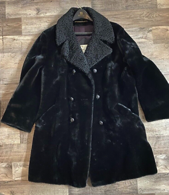 #ad Vintage 70s Faux Fur Coat Black Montgomery Ward Union Made USA Womens XL 18 20 $29.99