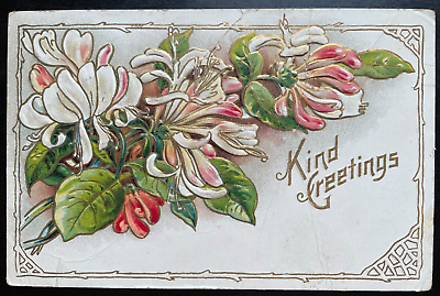 #ad Vintage Victorian Postcard 1910 Kind Greetings Spray of Embossed Pink Flowers $8.00