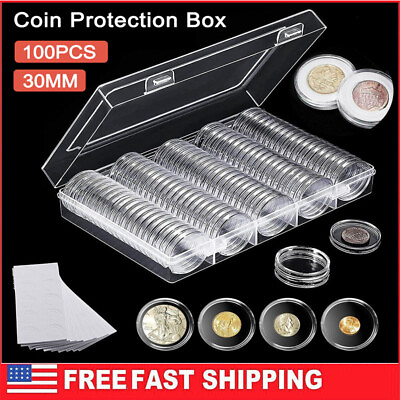 100Pcs 5 Size Clear Round Coin Capsule Container Storage Box Holder Case Plastic #ad $9.99