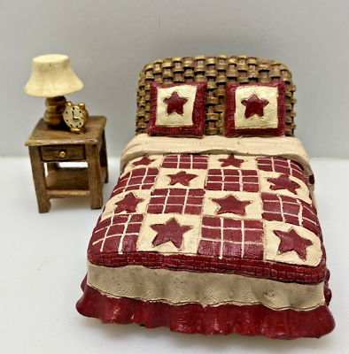 #ad Dollhouse Miniature Furniture Bed and Side Nightstand Lamp Clock Resin $13.50