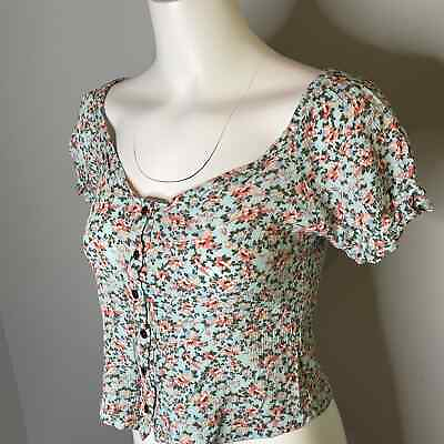 #ad Womens Crepe Top On Off Shoulder Pale Blue Pink Floral Button Front *READ $16.00