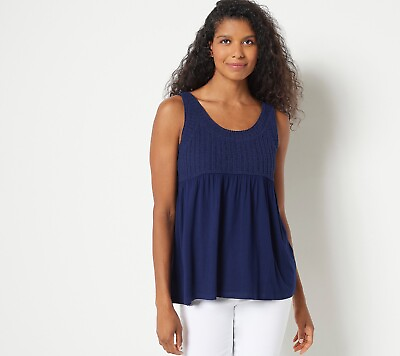 #ad Susan Graver Pure Knit Jersey amp; Crochet Tunic Tank Top Blue Size Large *NEW* $24.99