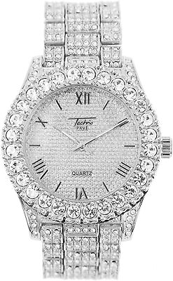 Men Iced Watch Bling Rapper Simulate Diamond Lab Stone Metal Band Silver Luxury #ad $29.98