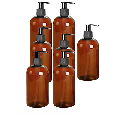 #ad 7 Pack 16 oz Amber Plastic Bottle with Black Lotion Pump BPA Free Refillable $8.99