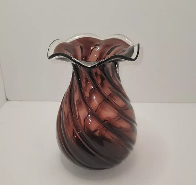#ad VTG Pretty Wineberry Handmade Embossed Blow Glass Vase Home Decor Collectible $44.95