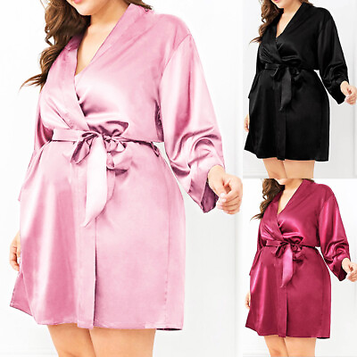 #ad Womens Satin Silk Bathrobe Night Dress Kimono PJS Bride Mini Dress Lace Up Gown $14.79
