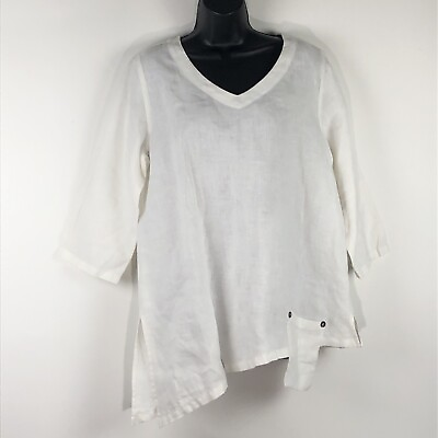 #ad Kleen M Linen top tunic blouse White Asymmetric Art to Wear lagenlook pockets $25.19