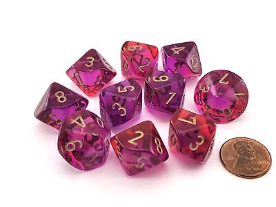 #ad Set of 10 Chessex Gemini D10 Dice Translucent Red Violet with Gold Numbers $9.26