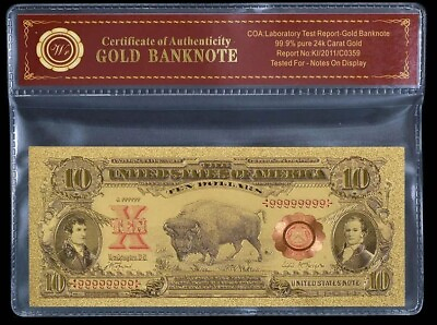 #ad 1901 $10 Bison Buffalo Novelty Gold Foil Bill with bag and COA $12.99