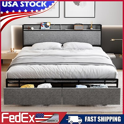 #ad Full Queen Size Bed Frame Upholstered Headboard Storage Drawers Charging Station $169.99