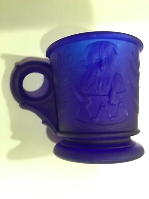 #ad EAPG Mosser Child#x27;s Cobalt Blue Glass Cup Satin Dog Drum Cat Basket Foliage $14.28