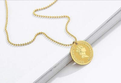 #ad 12 mm Titanium Stainless Steel Queen Elizabeth Money Gold Coin Necklace 16 18quot; $14.50