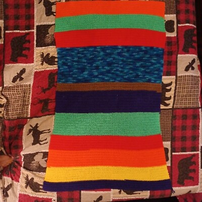 #ad Hand Made Knitted Multi Color Lines Afghan Throw Blanket $14.99