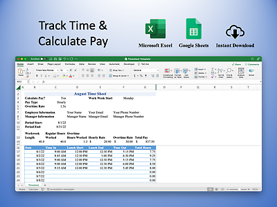 Monthly Timesheet Template for Excel amp; Google Sheets Dynamic Pay Calculation $3.99