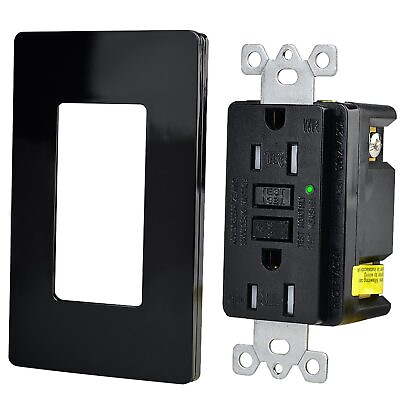 #ad GFI GFCI Outlet 15 Amp Ground Fault Receptacle Electric Plug TR WR w Plate Black $11.38