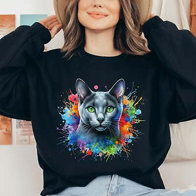 #ad Russian Blue Cat Color Splash Unisex Sweatshirt Black Navy Dark Heather $37.95
