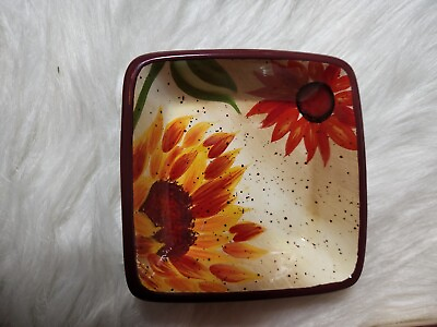 #ad Pfaltzgraff Evening Sun Hand Painted Sunflowers Berry square bowl. Red $13.10