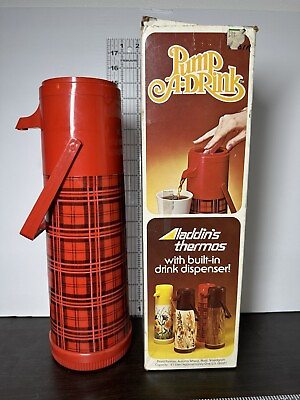 #ad Thermos Aladdins Pump A Drink Red amp; Black Plaid In Box Built In Dispenser $19.99