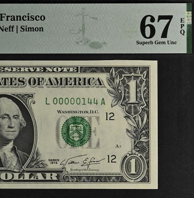#ad 1974 $1 Federal Reserve Note San Francisco PMG 67EPQ low serial number 00000144 $165.00