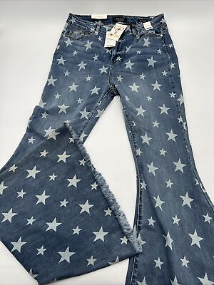 #ad Judy Blue 15 32 Super Flare Fit Star Stretch Blue Denim High Waist Jeans Raw Hem $39.99