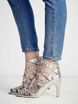 #ad NEW Jeffrey Campbell for Free People Gold Sequin Lace Up Heels Pale Glitter Sz 6 $98.00
